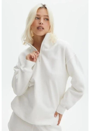 Kadın Uzun Kol Yarım Farmuarlı Yakalı Basic SweatShirt - Beyaz