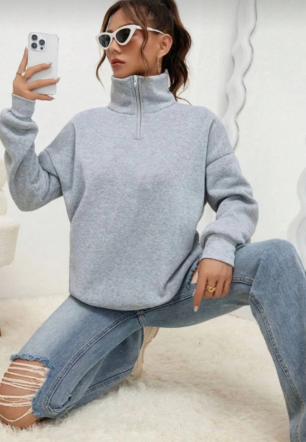Kadın Uzun Kol Yarım Farmuarlı Yakalı Basic SweatShirt - Gri