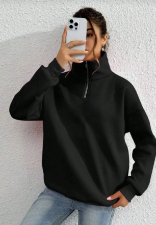 kadın Uzun Kol Yarım Farmuarlı Yakalı Basic SweatShirt - Siyah
