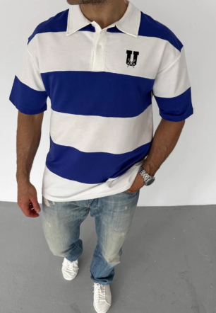 Erkek  Yakalı Parçalı ve Baskılı T-shirt - Mavi
