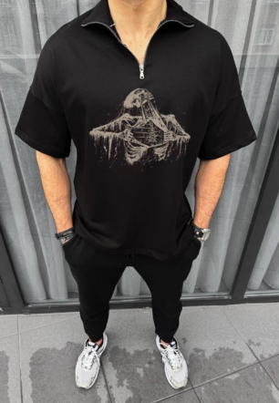 Unisex Yarım Fermuarlı Baskılı Oversize T-Shirt - Siyah