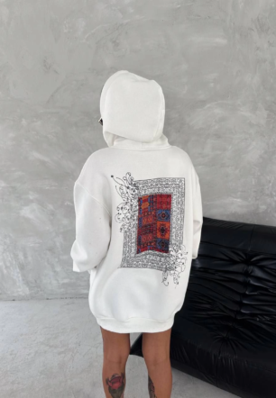 Kadın üç iplik Kapüşonlu Ön Ve Arka Baskılı SweatShirt - Beyaz