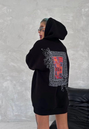 Kadın üç iplik Kapüşonlu Ön Ve Arka Baskılı SweatShirt - Siyah