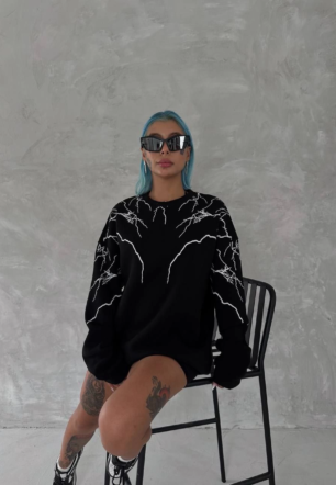 Kadın Yıldırım Baskılı Bisiklet Yaka üç iplik pamuklu  SweatShirt - Siyah
