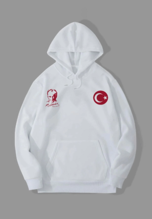 Erkek 10 Kasıma Özel Üç İplik Kapüşonlu Baskılı SweatShirt - Beyaz