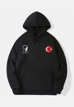 10 Kasıma Özel Üç İplik Kapüşonlu Baskılı SweatShirt - Siyah