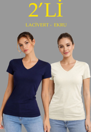 Kadın 2'li V Yaka Tişört – Kısa Kollu Yazlık Slim Fit Body - Lacivert & Ekru