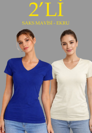 Kadın 2'li V Yaka Tişört – Kısa Kollu Yazlık Slim Fit Body - Saks Mavisi & Ekru