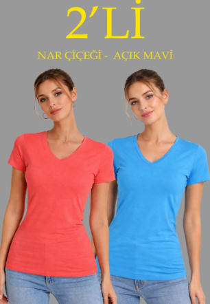 Kadın 2'li V Yaka Tişört – Kısa Kollu Yazlık Slim Fit Body - Nar Çiçeği & Açık Mavi