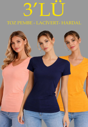 Kadın 3'lü V Yaka Tişört – Kısa Kollu Yazlık Slim Fit Body - Toz Pembe, Lacivert, Hardal