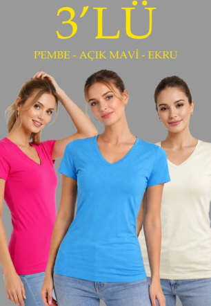 Kadın 3'lü V Yaka Tişört – Kısa Kollu Yazlık Slim Fit Body - Pembe, Açık Mavi, Ekru