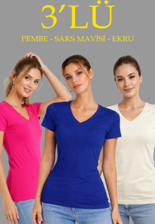 Kadın 3'lü V Yaka Tişört – Kısa Kollu Yazlık Slim Fit Body - Pembe, Saks Mavi, Ekru