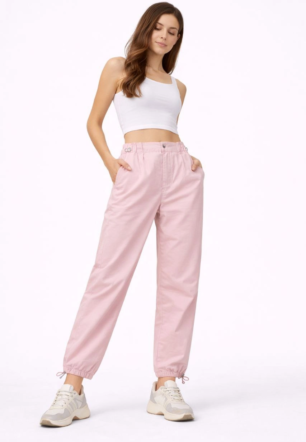 Kadın Paraşüt Kumaş Pantolon Bel ve Paça Ayarlanabilir Lastikli Spor Pantolon - Toz Pembe