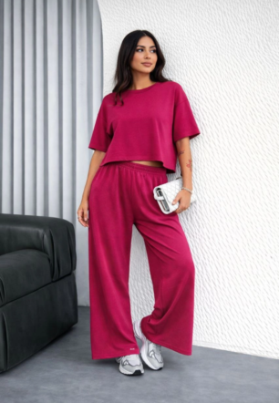 Kadın Osy Modal yumuşak dokulu Oversize İkili Takım Bol Paça Pantolonlu Takım - Fuşya