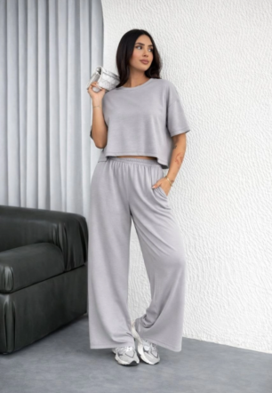 Kadın Osy Modal yumuşak dokulu Oversize İkili Takım Bol Paça Pantolonlu Takım - Gri