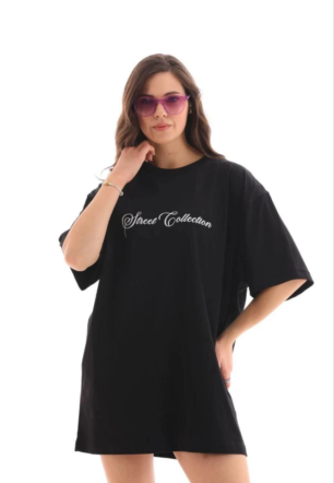 Kadın Baskılı T-Shirt Kısa Kol Bisiklet Yaka Regular Rahat Kalıp Günlük Tişört - Siyah