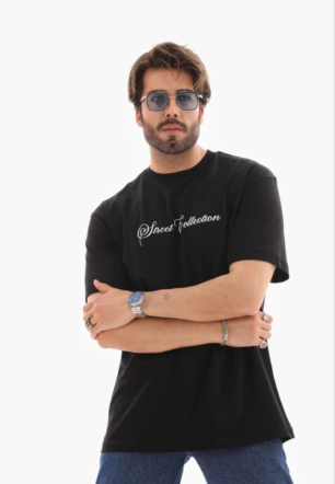 Erkek Baskılı T-Shirt Kısa Kol Bisiklet Yaka Regular Fit Rahat Kalıp Günlük Tişört - Siyah