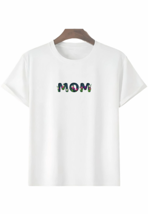 Anneler Gününe Özel Tasarım mom Çiçek Baskılı T-shirt - Beyaz