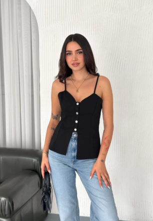 Kadın Askılı Dekolte deraylı bluz crop - Siyah
