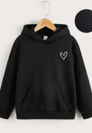 Çocuk Unisex Kapüşonlu Çizgi Kalp Baskılı Sweatshirt - Siyah