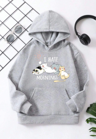 Çocuk Unisex Kapüşonlu Kedicik Baskılı Pamuklu Sweatshirt - Gri