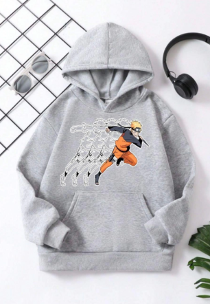 Çocuk Unisex Kapüşonlu Naruto Baskılı Pamuklu Sweatshirt - Gri