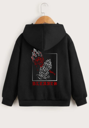 Çocuk Unisex Kapüşonlu Ön ve Arka Blessed Baskılı Sweatshirt - Siyah