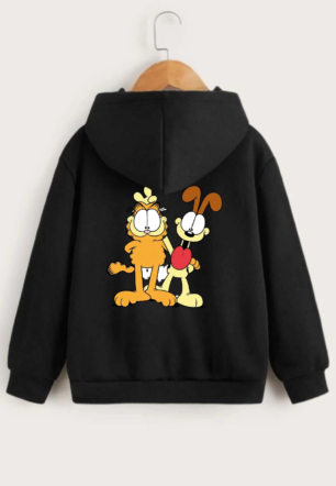 Çocuk Unisex Kapüşonlu Ön ve Arka Garfield Baskılı Sweatshirt - Siyah