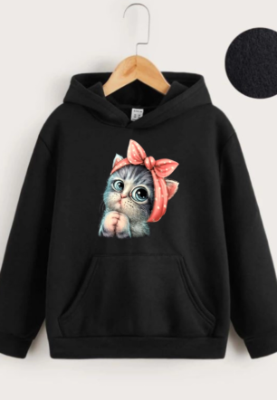 Çocuk Unisex Kapüşonlu Tatlı Kedi Baskılı Sweatshirt - Siyah