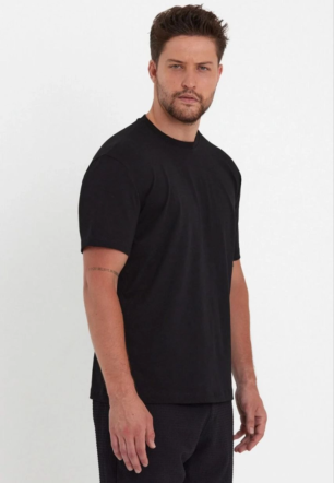 Erkek  Düz A Kalite Pamuklu Penye  T-shirt- Siyah