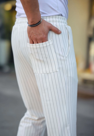 Erkek Cizgili Dokuma Krep Jogger Buggy Pantalon Rahat kalıp - Beyaz