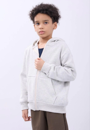 Erkek Çocuk Kapüşonlu Kanguru Çepli Tam Fermuarlı Hırka SweatShirt - Gri