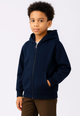 Erkek Çocuk Kapüşonlu Kanguru Çepli Tam Fermuarlı Hırka SweatShirt - Lacivert