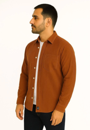 Erkek Fitilli Kadife Cepli Gömlek Oversize Rahat Kalıp - Kahverengi