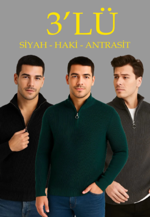 Erkek Fitilli Triko Kazak 3’lü Set Haki Siyah Antrasit Kalın Dokuma Pamuklu Regular Fit V