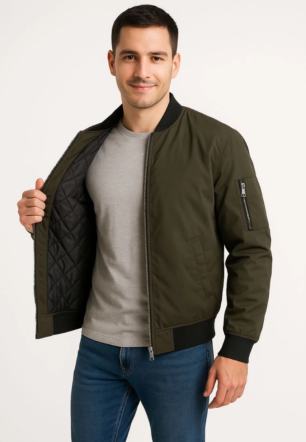 Erkek Bomber Mont Ceket Fermuarlı Kapitone İçi Astarlı Su İtici Regular Fit Uzun - Haki