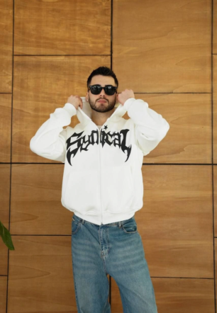 Erkek Kapüşonlu 3 İplik Şardonlu Önü Baskılı Fermuarlı Oversize Sweatshirt - Beyaz