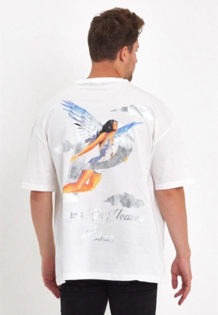 Erkek Melek Baskılı T-Shirt Kısa Kol Bisiklet Yaka Regular Fit Rahat Kalıp Tişört - Beyaz