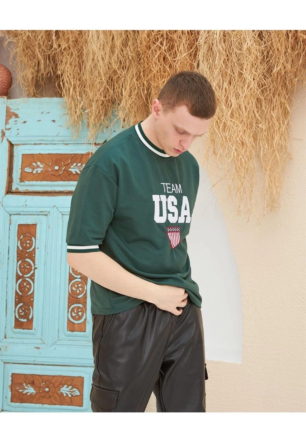 Erkek Nakış İşlemeli T-Shirt Kısa Kol Bisiklet Yaka Ovarsize Tişört - Yeşil