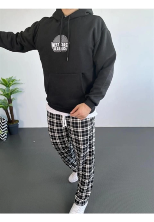Erkek Sırt Baskılı Kapüşonlu Üç İplik Oversize Sweatshirt - Siyah