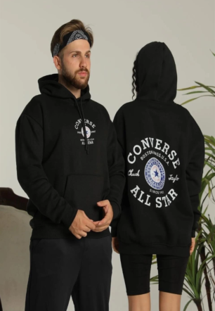 Erkek Sırt Baskılı Oversize Üç İplik Kapüşonlu Hoodie Sweatshirt - Siyah