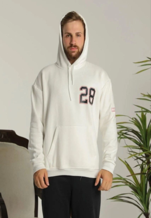 Erkek Sırt Baskılı Oversize Üç İplik Kapüşonlu Sweatshirt - Beyaz