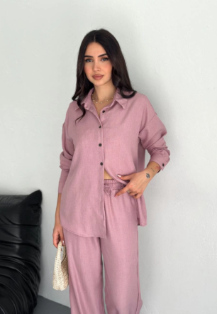 Kadın Gömlek Pantolon ikili Alt-Üst Takım - Toz Pembe
