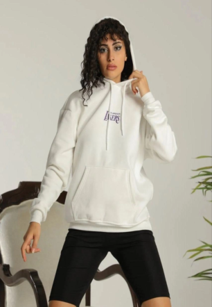 Kadın 24 Sırt Baskılı Ovresize Üç İplik Kapüşonlu Sweatshirt - Beyaz