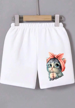 Kadın Beli Lastikli Baskılı Mini Şort - Beyaz