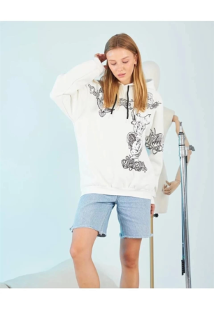 Kadın 3 iplik pamuklu Kapüşonlu Strong Heykel Baskılı Sweatshirt - Beyaz