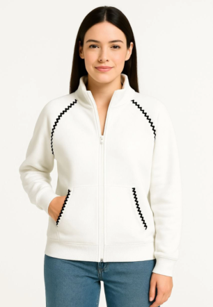 Kadın Oversize Dik Yaka Fermuarlı Sweatshirt - Zincir Nakışli Kanguru Cepli, - Beyaz