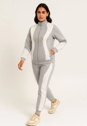 Kadın Premium Parçalı Eşofman Alt-Üst Takım - Dik Yaka Fermuarlı Sweatshirt - Gri