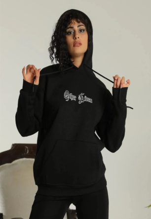 Kadın Kapşonlu Sweatshirt Oversize Üç İplik Şardonlu Other Lives Ön Arka Baskılı - Siyah