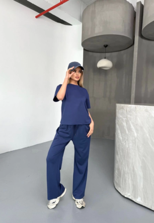 Kadın Osy Modal Yumuşak Dokulu Kumaş Kısa Kollu Bluz Rahat Pantalon ikili Takım- Lacivert